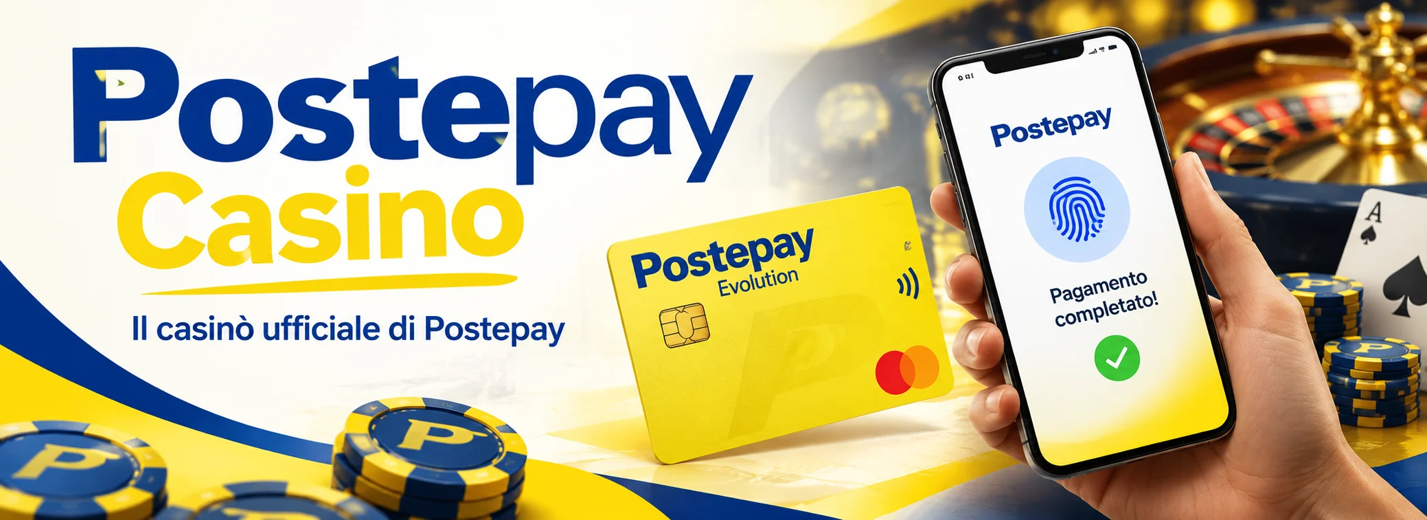 Banner di Postepay Casino su fondo avorio caldo con una mano che conferma un pagamento sul telefono e il benvenuto fino a 750 euro con 75 giri gratis